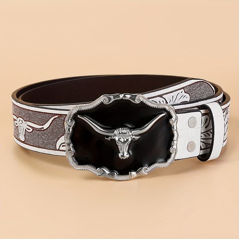 Ceinture en cuir noir pour homme avec tête de taureau Western Longhorn