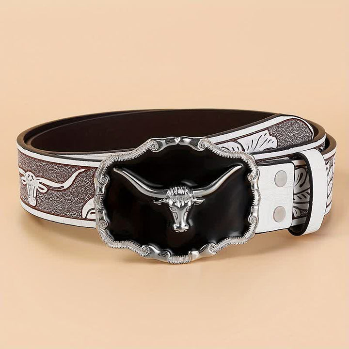 Ceinture en cuir noir pour homme avec tête de taureau Western Longhorn