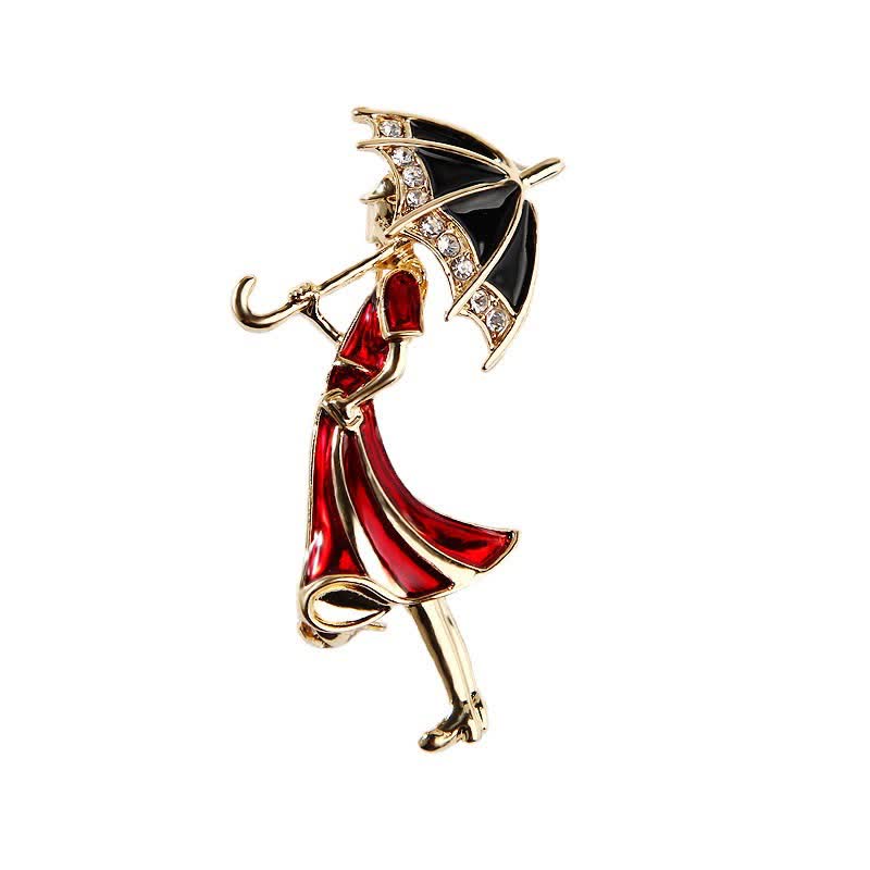 Broche femme en forme de parapluie rouge