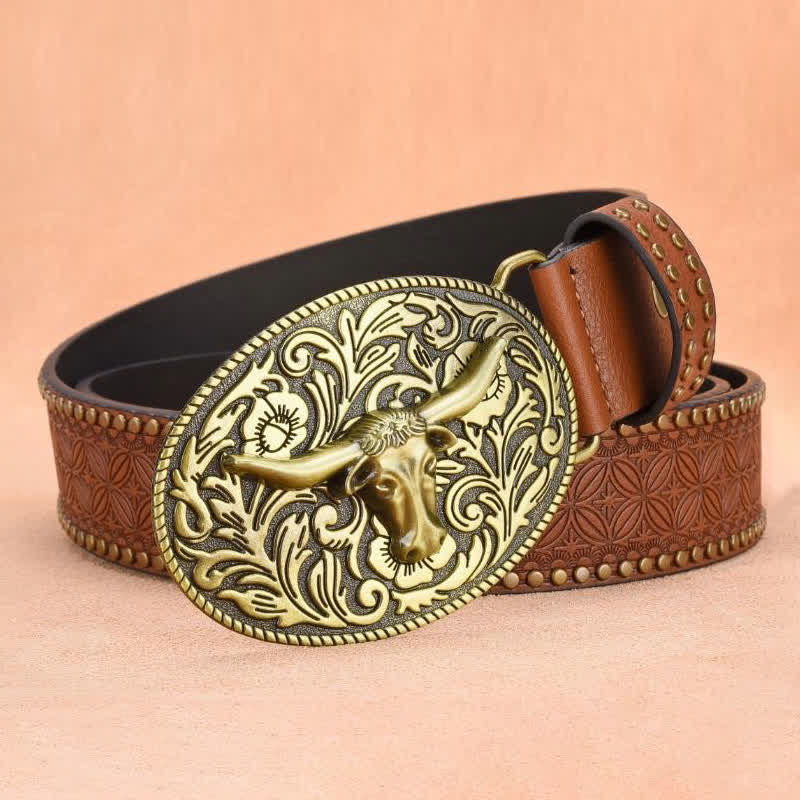 Ceinture en cuir gaufré à rivets tête de taureau pour homme