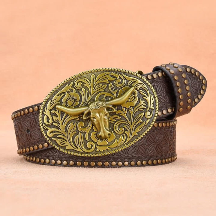 Ceinture en cuir gaufré à rivets tête de taureau pour homme
