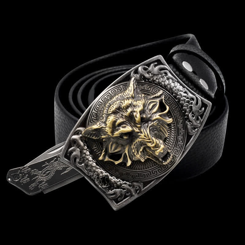 Ceinture en cuir pour homme avec tête de loup dorée et couteau pliant