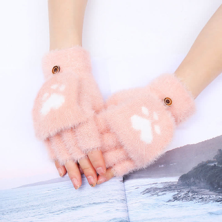 Mitaines chaudes à imprimé pattes de chat pour femmes, gants moelleux