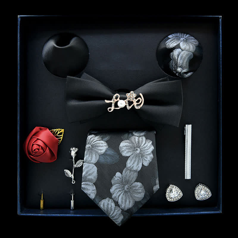 Lot de 8 nœuds papillon décontracté à fleurs noires et blanches, coffret cadeau