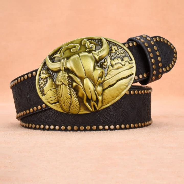 Ceinture en cuir avec boucle et rivets pour homme avec tête de taureau