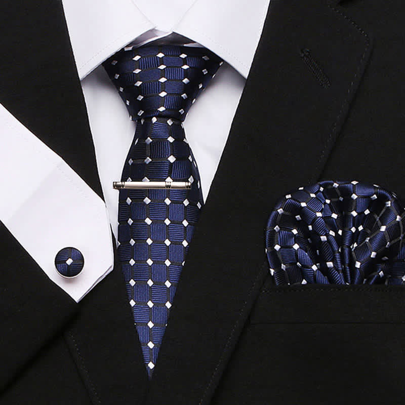 Lot de 4 cravates à carreaux chics à pois bleu marine pour homme