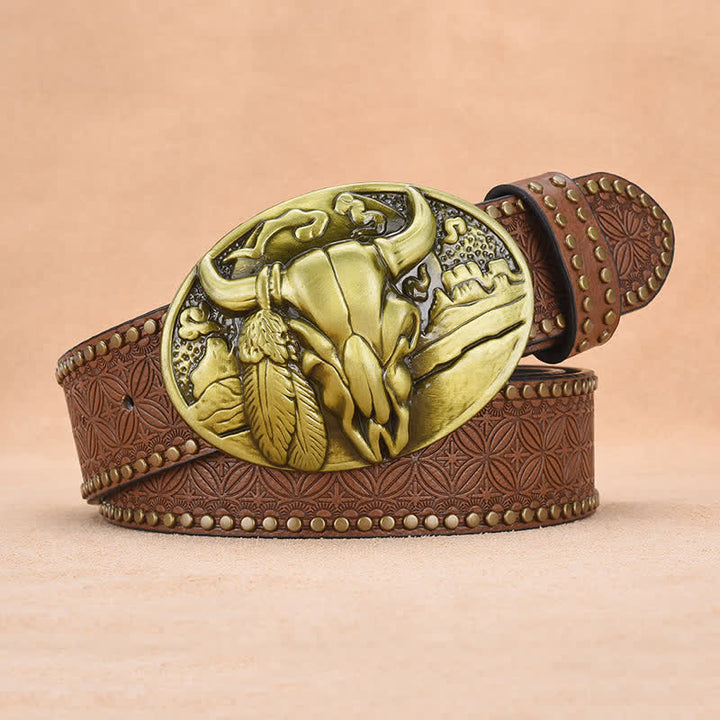 Ceinture en cuir avec boucle et rivets pour homme avec tête de taureau