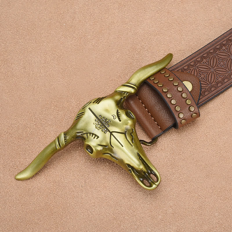 Ceinture en cuir gaufré à rivets tête de bétail western pour homme