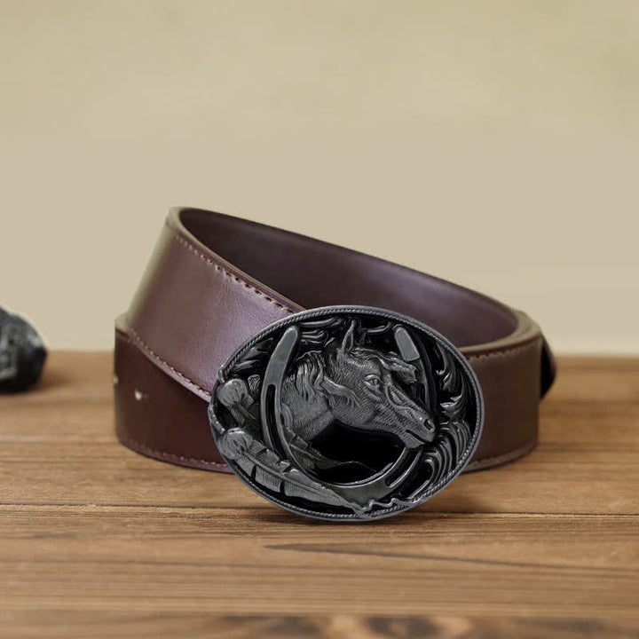 Ceinture en cuir avec boucle en émail noir pour homme en forme de fer à cheval