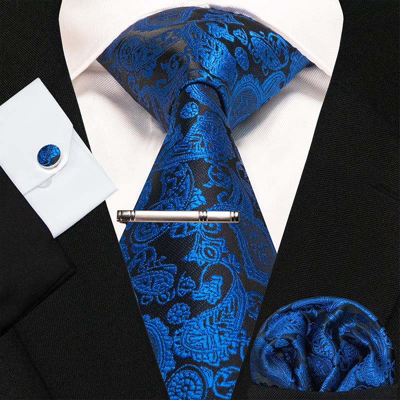 Lot de 4 cravates luxueuses à motif cachemire bleu et noir pour homme