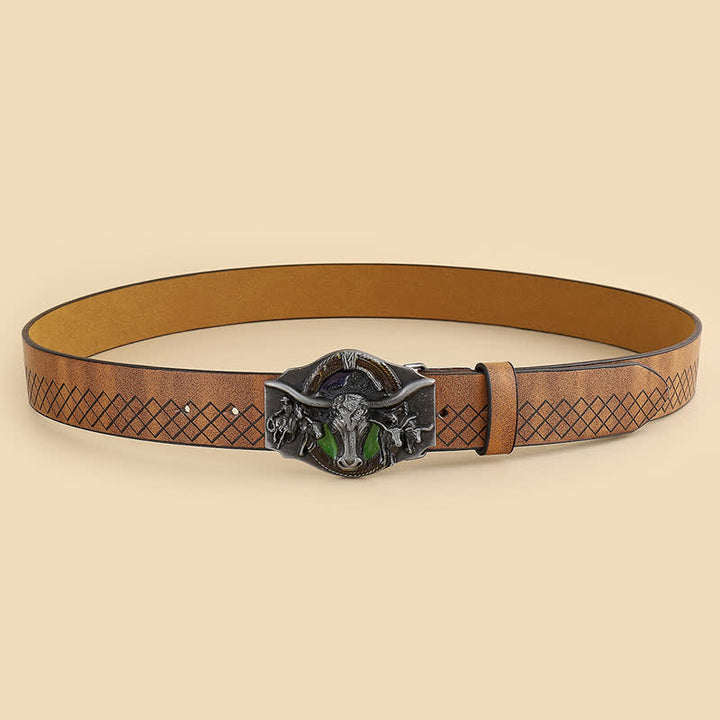 Ceinture en cuir de taureau sculpté à longues cornes pour homme