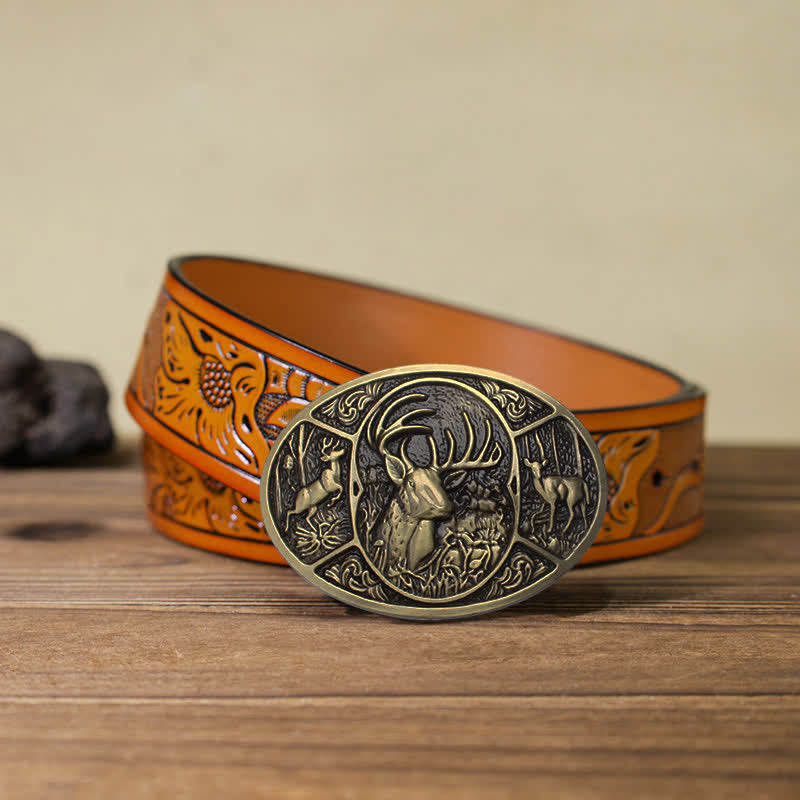 Ceinture en cuir à boucle pour homme avec motif animal, élan et cerf