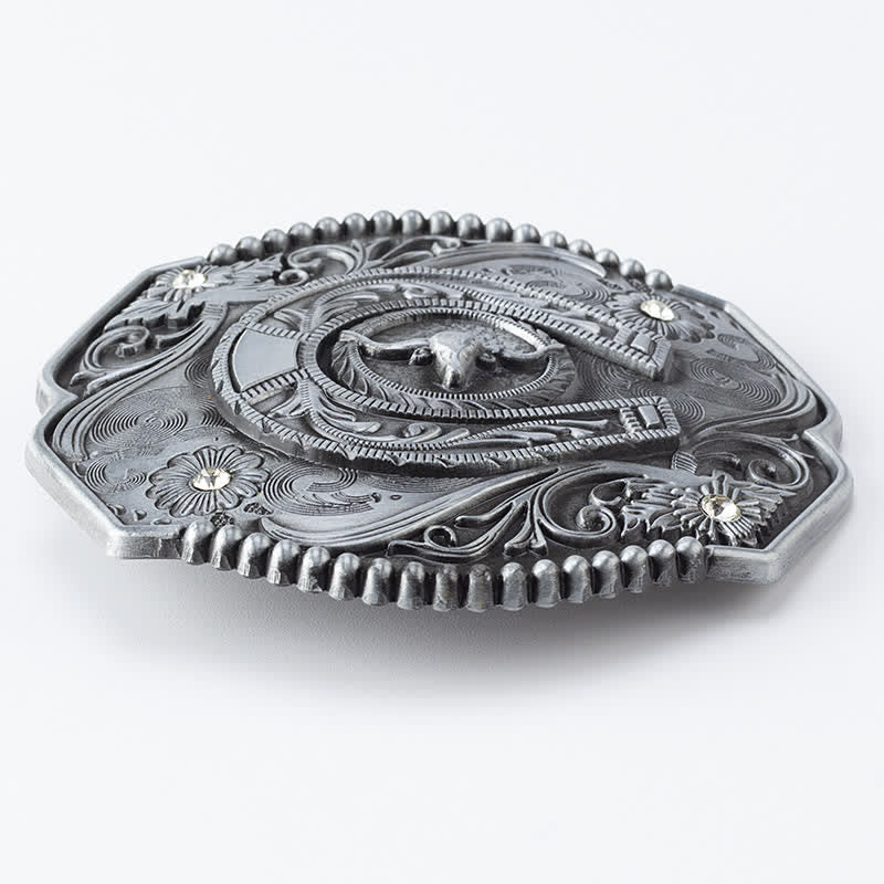 Ceinture en cuir à boucle de taureau florale à strass pour homme