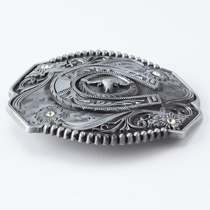 Ceinture en cuir à boucle de taureau florale à strass pour homme