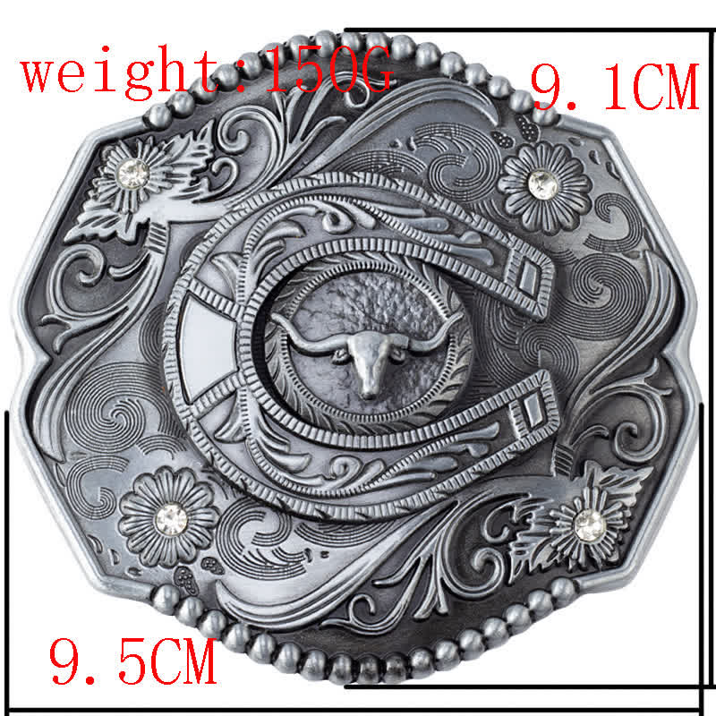 Ceinture en cuir à boucle de taureau florale à strass pour homme