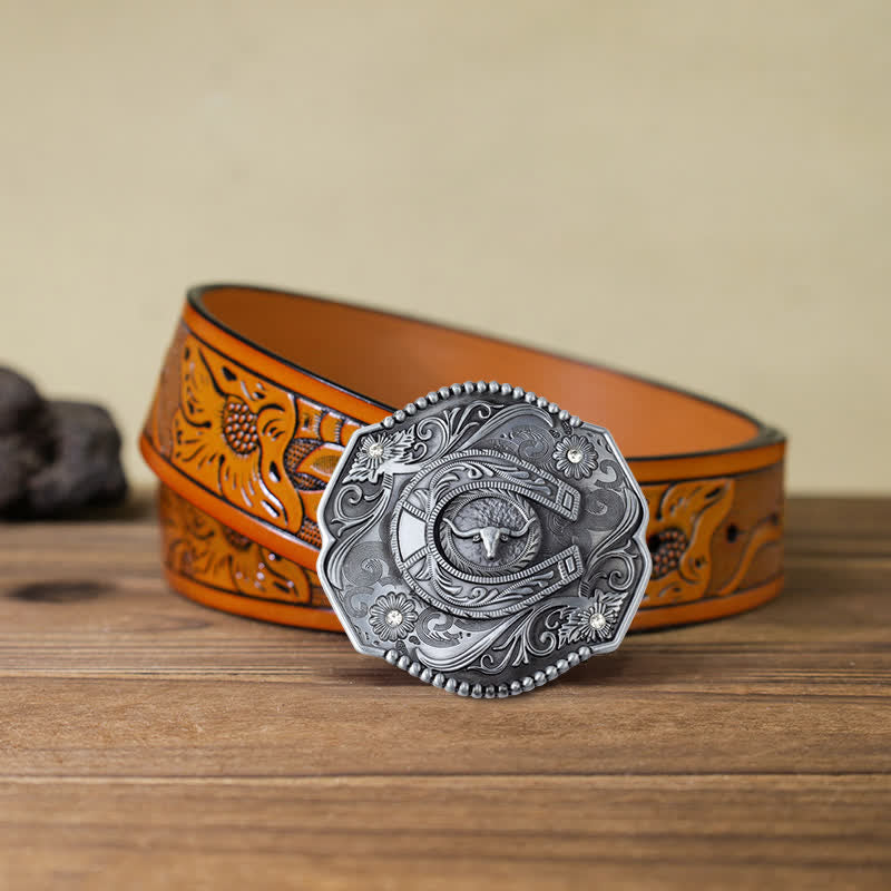 Ceinture en cuir à boucle de taureau florale à strass pour homme