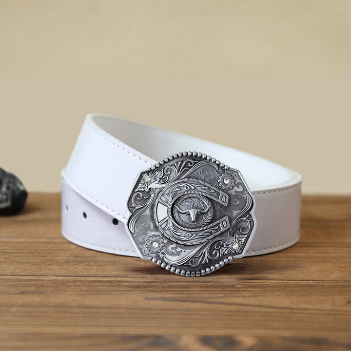 Ceinture en cuir à boucle de taureau florale à strass pour homme