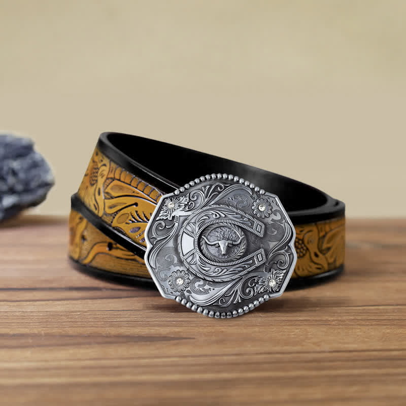 Ceinture en cuir à boucle de taureau florale à strass pour homme