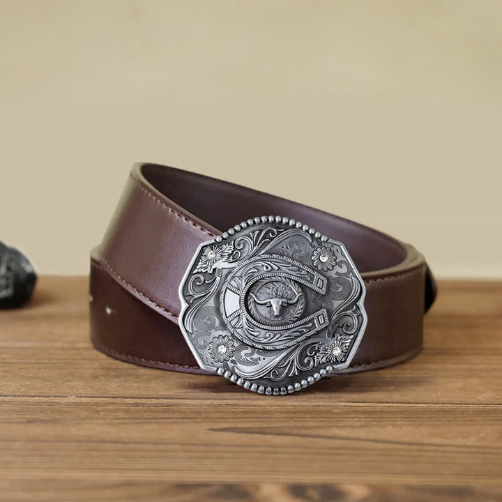Ceinture en cuir à boucle de taureau florale à strass pour homme