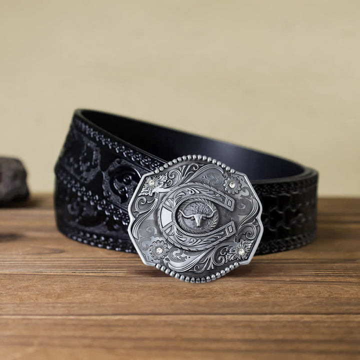 Ceinture en cuir à boucle de taureau florale à strass pour homme