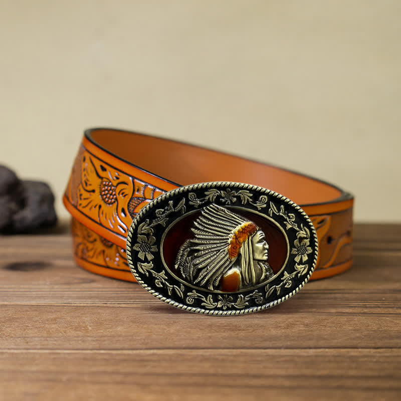 Ceinture en cuir à boucle tribale pour homme avec motif de chef indien