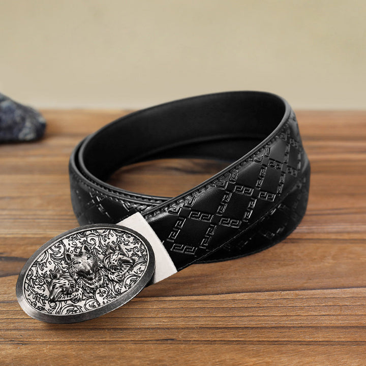 Ceinture en cuir à boucle automatique pour homme avec motif loups affamés
