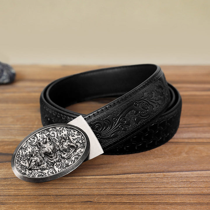 Ceinture en cuir à boucle automatique pour homme avec motif loups affamés
