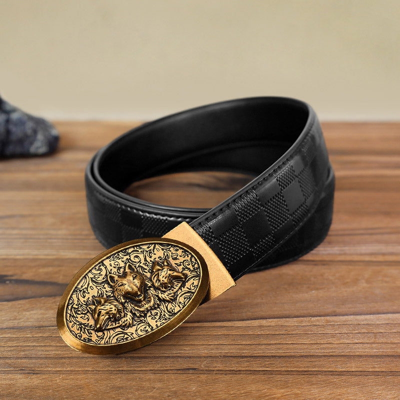 Ceinture en cuir à boucle automatique pour homme avec motif loups affamés