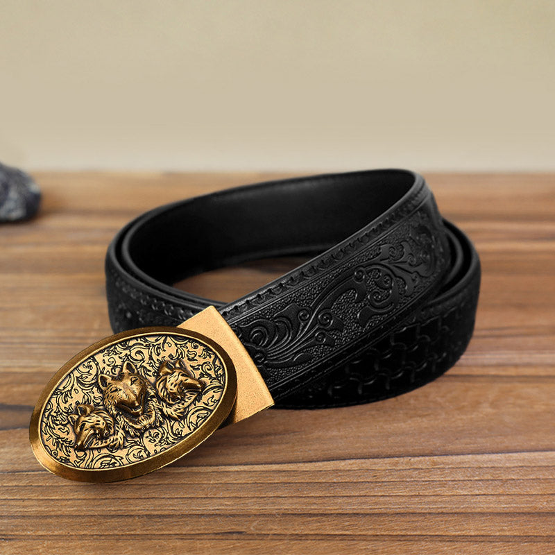 Ceinture en cuir à boucle automatique pour homme avec motif loups affamés