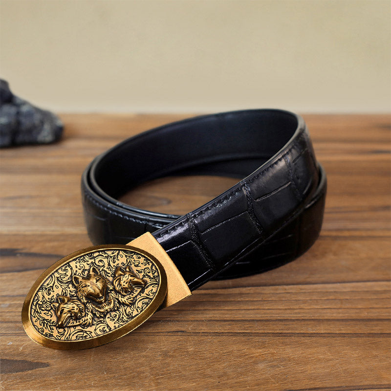 Ceinture en cuir à boucle automatique pour homme avec motif loups affamés