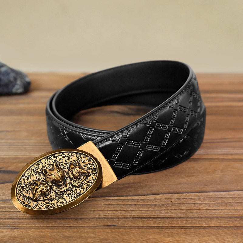 Ceinture en cuir à boucle automatique pour homme avec motif loups affamés