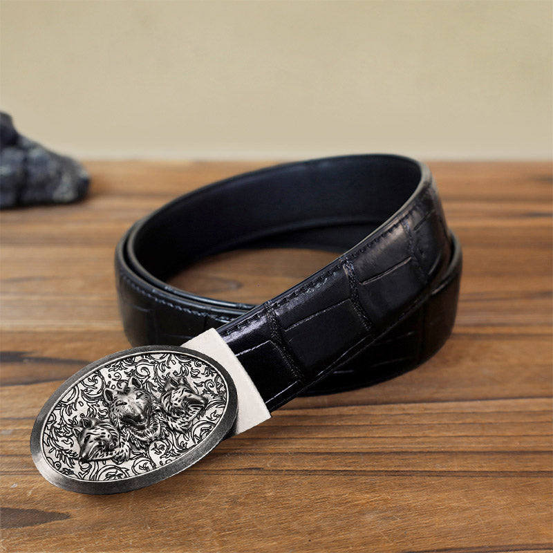 Ceinture en cuir à boucle automatique pour homme avec motif loups affamés