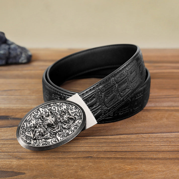 Ceinture en cuir à boucle automatique pour homme avec motif loups affamés