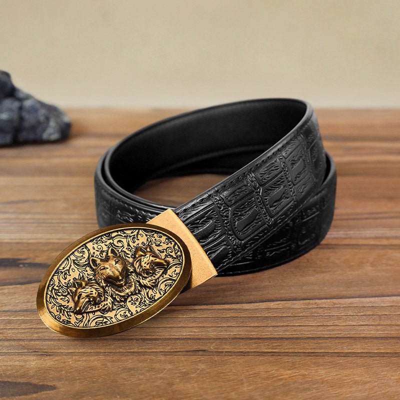 Ceinture en cuir à boucle automatique pour homme avec motif loups affamés