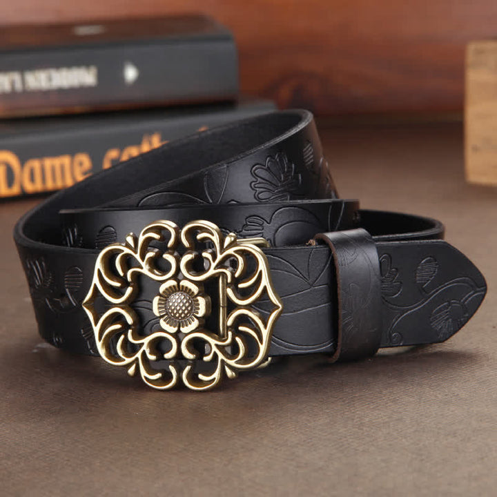 Ceinture en cuir gaufré à boucle creuse vintage pour femme