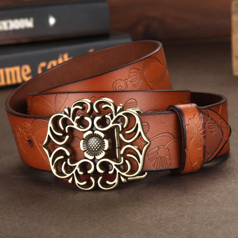 Ceinture en cuir gaufré à boucle creuse vintage pour femme