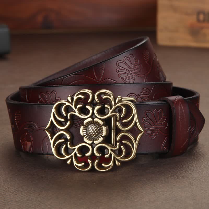 Ceinture en cuir gaufré à boucle creuse vintage pour femme