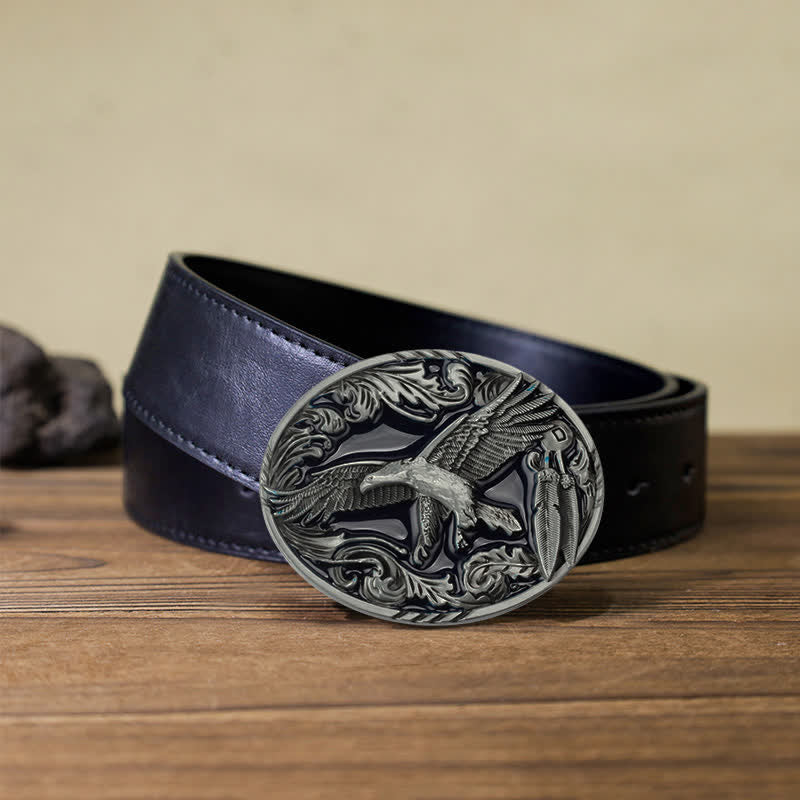 Ceinture en cuir à boucle ovale émaillée à motif feuille d'aigle pour homme