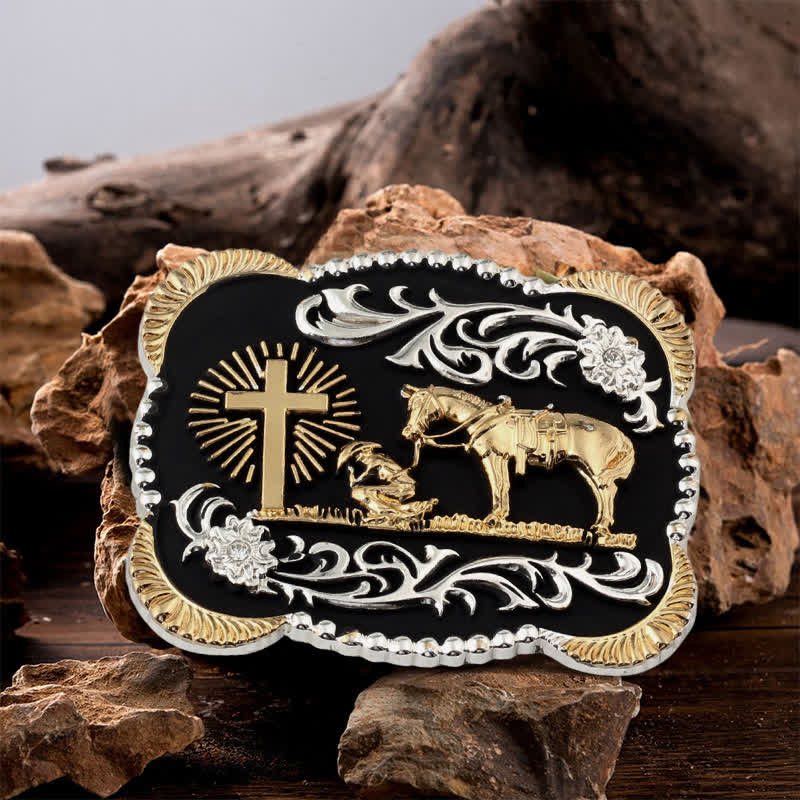 Ceinture en cuir avec boucle de prière dorée pour homme