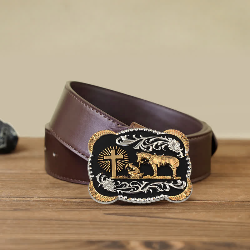 Ceinture en cuir avec boucle de prière dorée pour homme