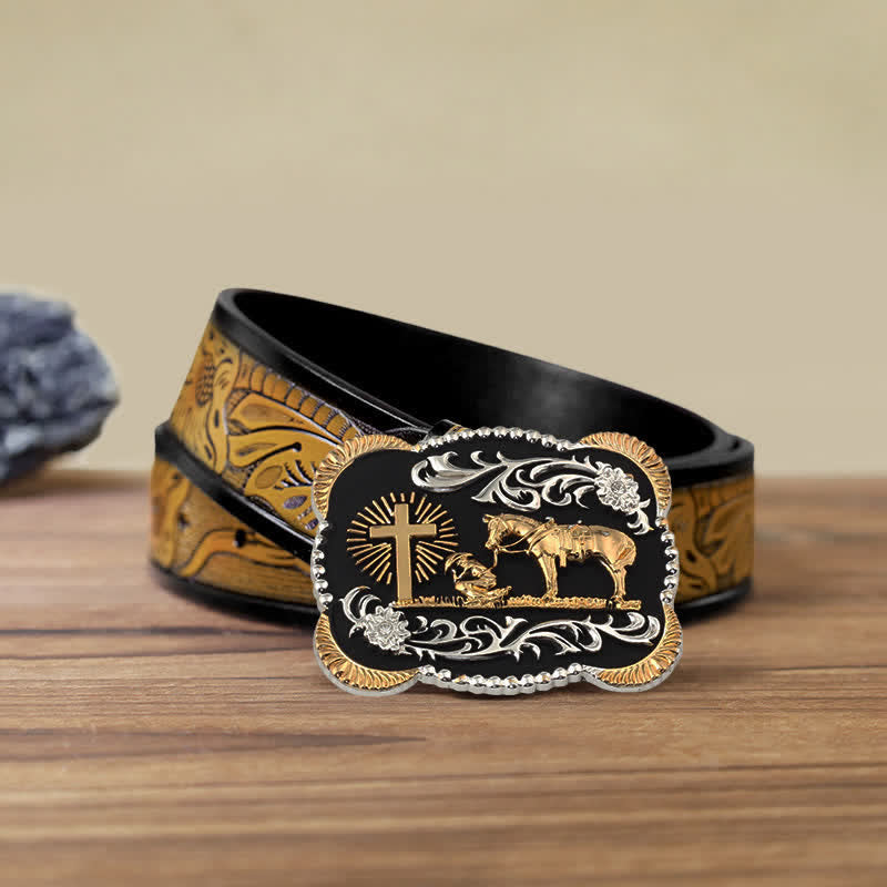 Ceinture en cuir avec boucle de prière dorée pour homme