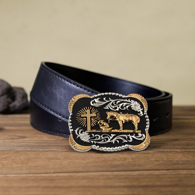 Ceinture en cuir avec boucle de prière dorée pour homme