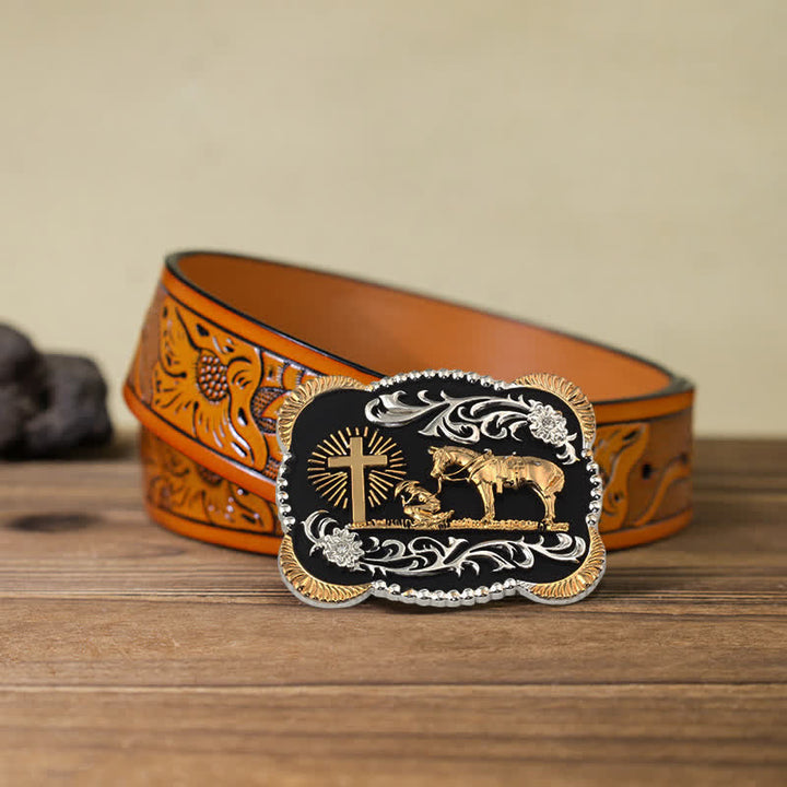 Ceinture en cuir avec boucle de prière dorée pour homme