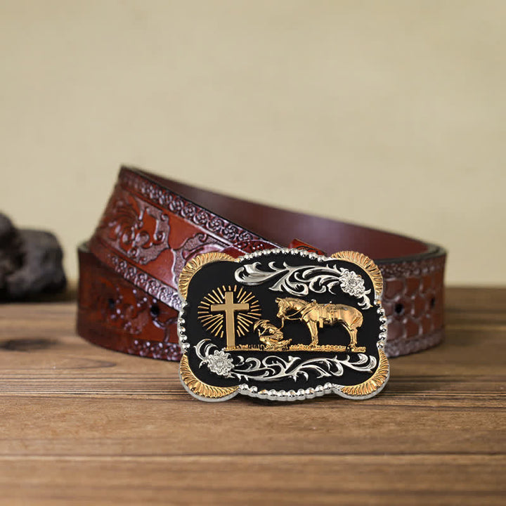 Ceinture en cuir avec boucle de prière dorée pour homme