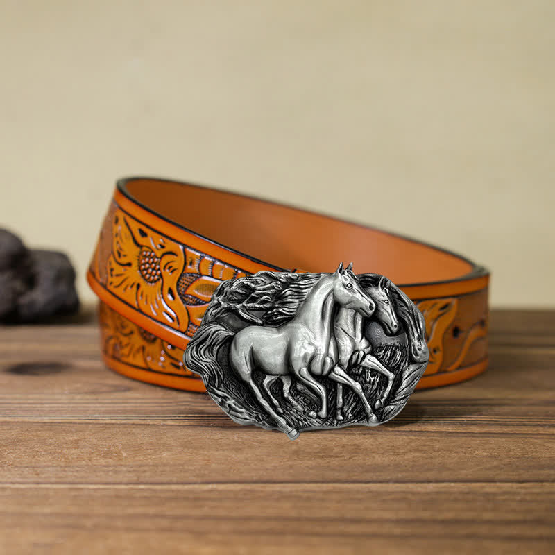 Ceinture en cuir à boucle pour homme avec chevaux sauvages qui courent