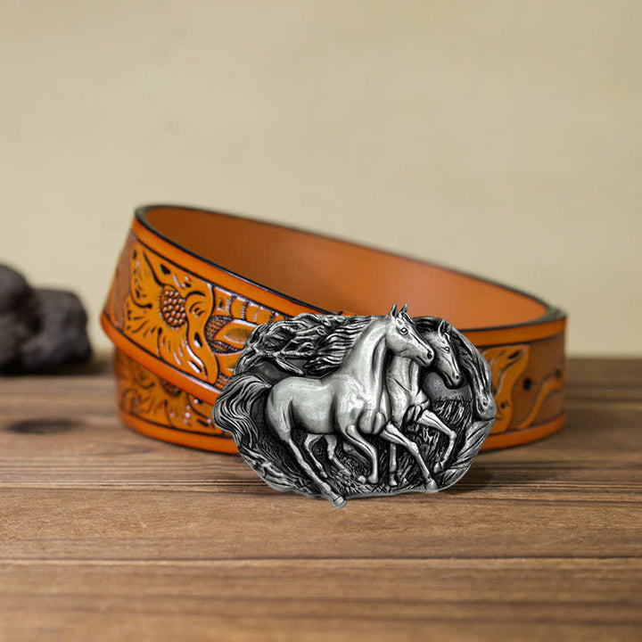 Ceinture en cuir à boucle pour homme avec chevaux sauvages qui courent