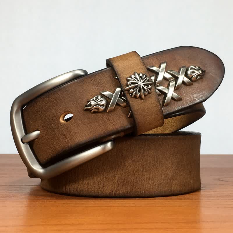 Ceinture en cuir à rivets sculptés décoratifs rétro pour hommes