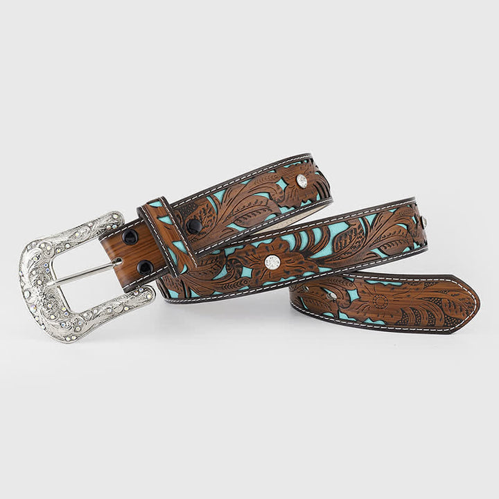 Ceinture en cuir marron foncé avec fleur en relief et strass pour femme