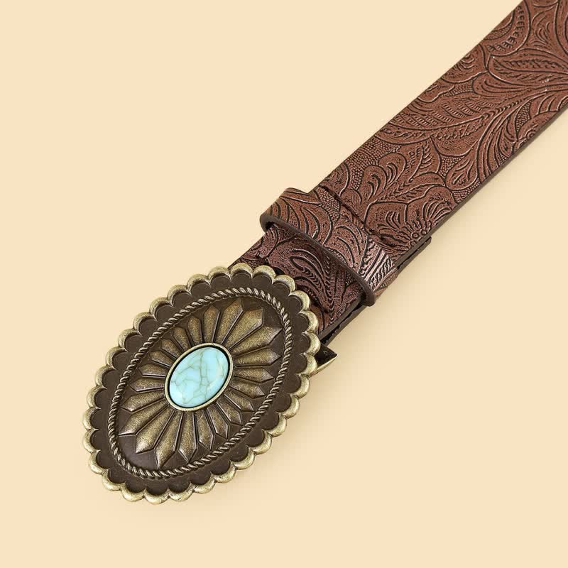 Ceinture en cuir marron à imprimé tournesol turquoise bohème pour femme