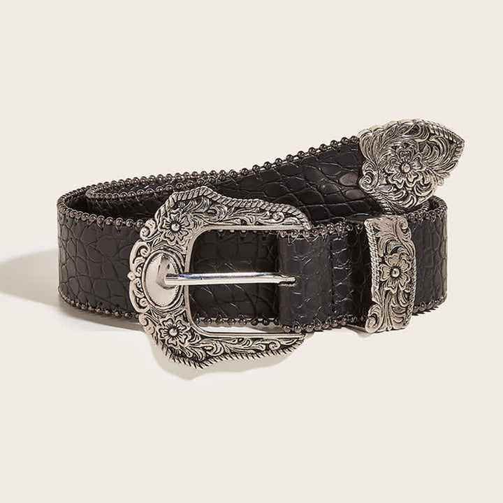 Ceinture en cuir imprimé crocodile avec bordure en macramé pour femme